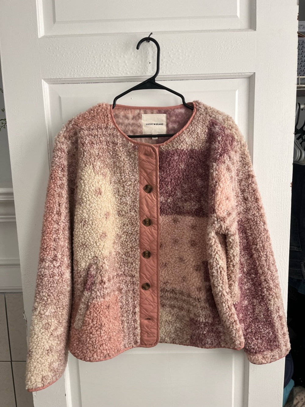 Lucky Brand Rose and Cream Patchwork Sherpa Jacket